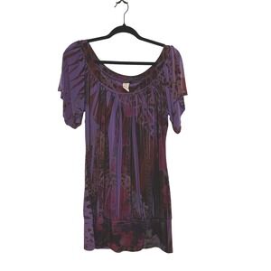 Dots Women Purple Mixed Floral Leopard Print Scoop Neck Tunic Top XL 3729 USA